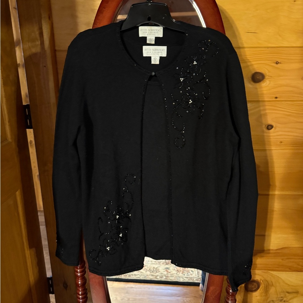 Petite Sophisticate Black Silk & Cashmere Cardigan Set